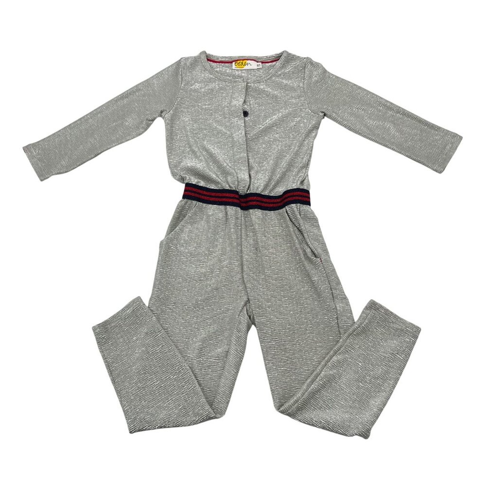 Boden Girls Silver Metallic Long Sleeve Romper With Striped‎ Elastic Waistband